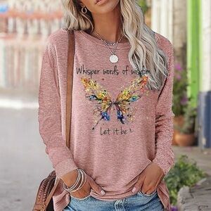 Top Whispering Words Of Wisdom Pink Butterfly Graphic Long Sleeve T-shirt L